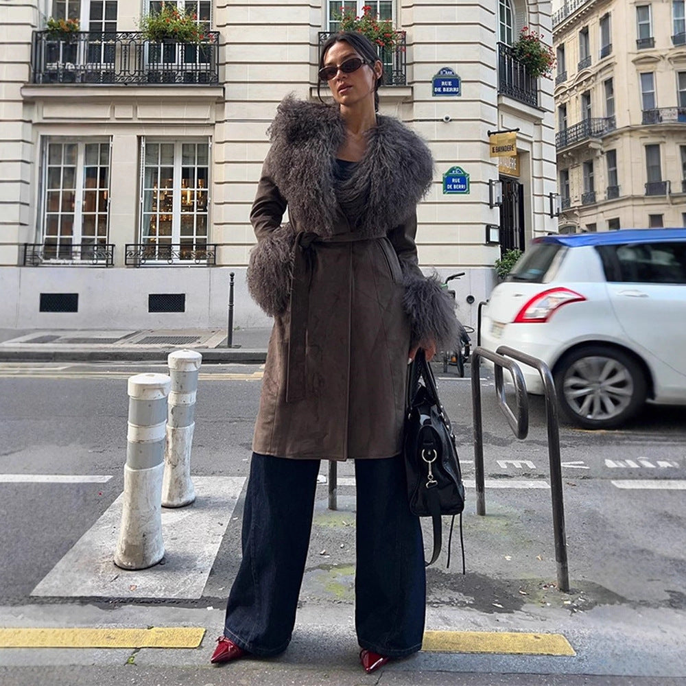 Damen Mantel aus Veloursleder‑Optik mit voluminösem Faux‑Fur‑Schalkragen, Fellmanschetten & Taillengürtel Shop Nory