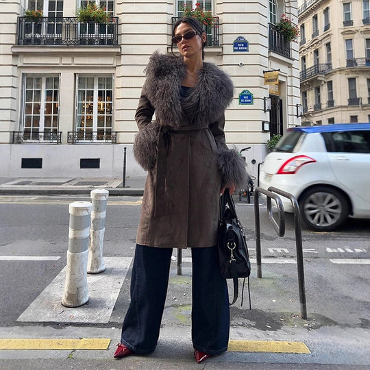 Damen Mantel aus Veloursleder‑Optik mit voluminösem Faux‑Fur‑Schalkragen, Fellmanschetten & Taillengürtel Shop Nory