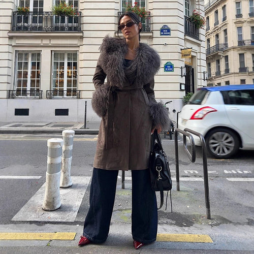 Damen Mantel aus Veloursleder‑Optik mit voluminösem Faux‑Fur‑Schalkragen, Fellmanschetten & Taillengürtel Shop Nory