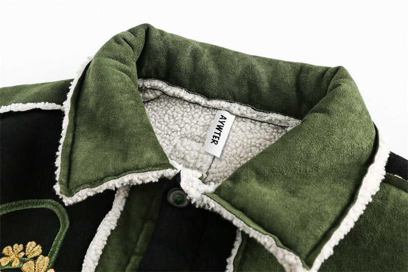 Unisex Patchwork-Lammfelloptik Jacke mit Blumenstickerei Shop Nory