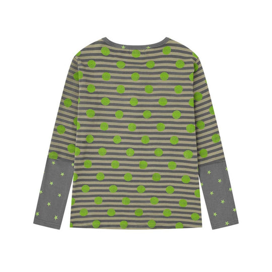 Damen Gestreiftes Henley-Langarmshirt mit Kontrastärmeln, Sternprint und Zierstein-Motiven Shop Nory