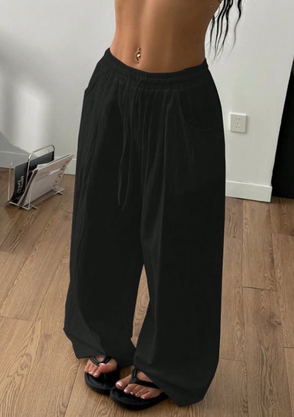 Damen Weite Leinenmix-Hose mit hohem Elastikbund, Kordelzug und Seitentaschen Shop Nory