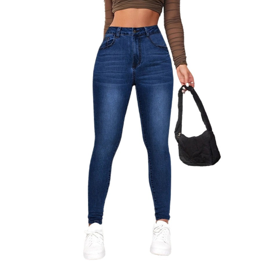 Damen High-Waist Skinny Jeans mit angedeuteten Taschen und elastischem Bund