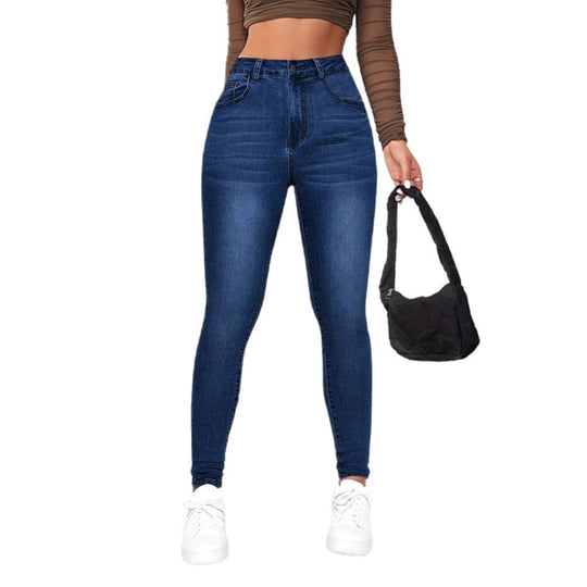 Damen High-Waist Skinny Jeans mit angedeuteten Taschen und elastischem Bund