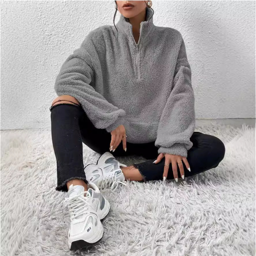 Damen Kuscheliger Fleece-Pullover mit Stehkragen und Eingrifftaschen