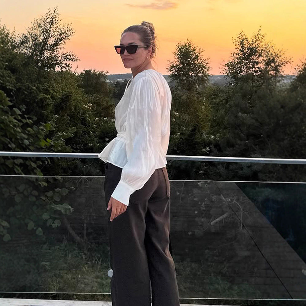 Damen Elegante Wickelbluse mit Bindegürtel und voluminösen Ballonärmeln Shop Nory