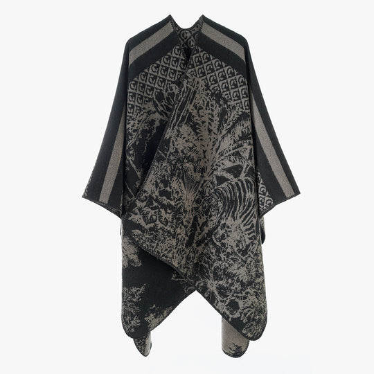Damen Jacquard-Strickcape mit Stehkragen und grafischem Waldmotiv Shop Nory