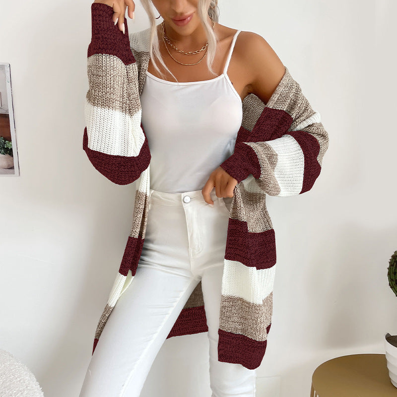 Damen Longline Strickcardigan mit breiten Blockstreifen, offener Front und überschnittener Schulter Shop Nory