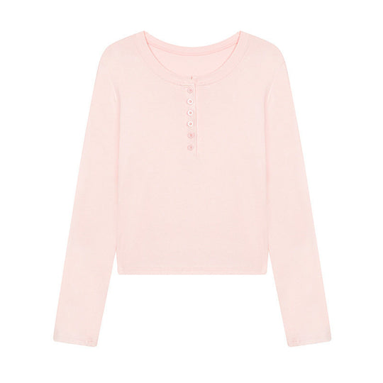 Damen Kurz geschnittenes Henley Langarmshirt aus Baumwolljersey mit Knopfleiste Shop Nory