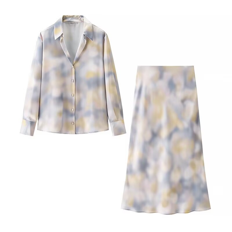 Damen Seidiges Zweiteiliges Blusen- und Midirock-Set mit A-Linienrock und abstraktem Aquarellprint Shop Nory