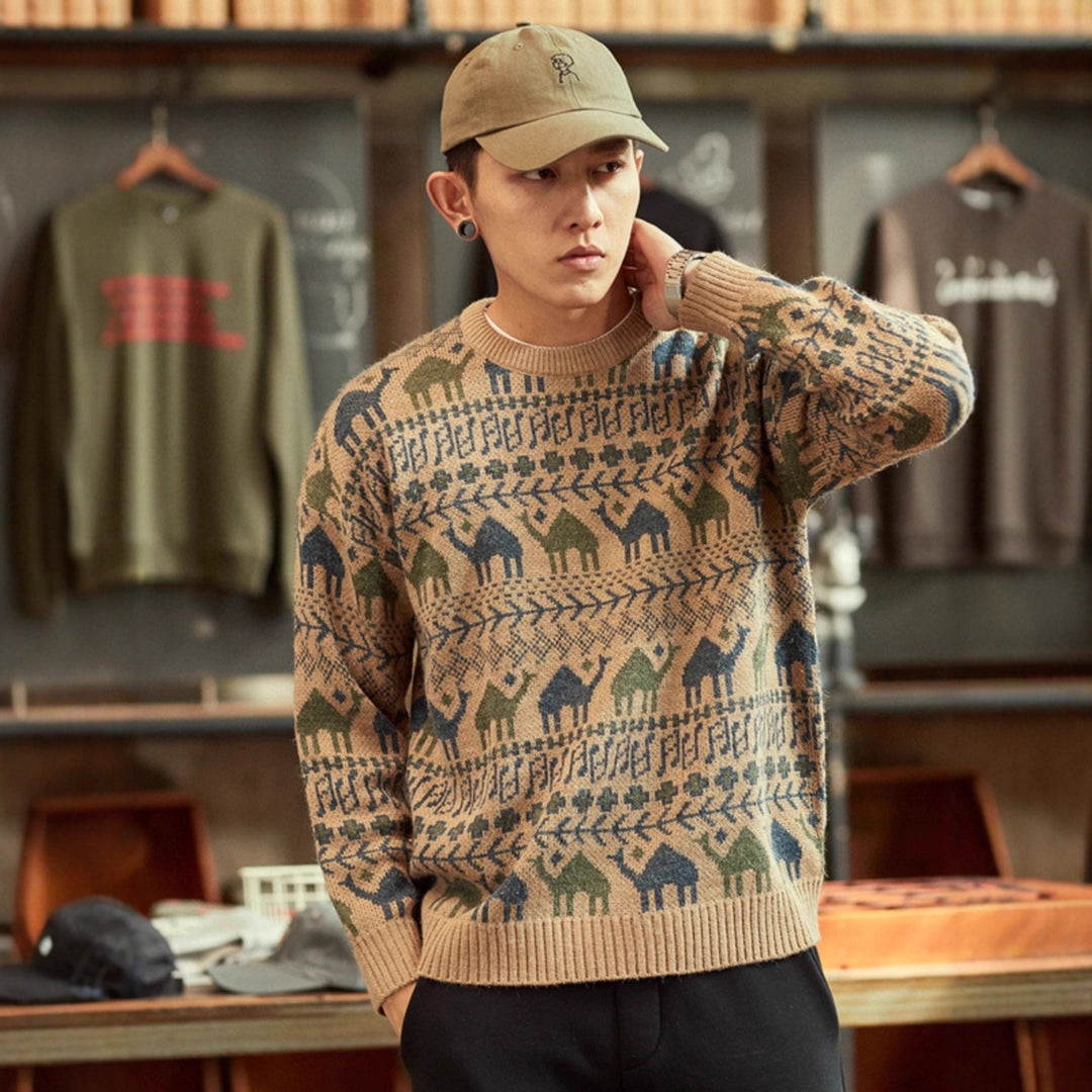 Herren Strickpullover mit Kamel-Jacquardmuster und geripptem Saum Shop Nory