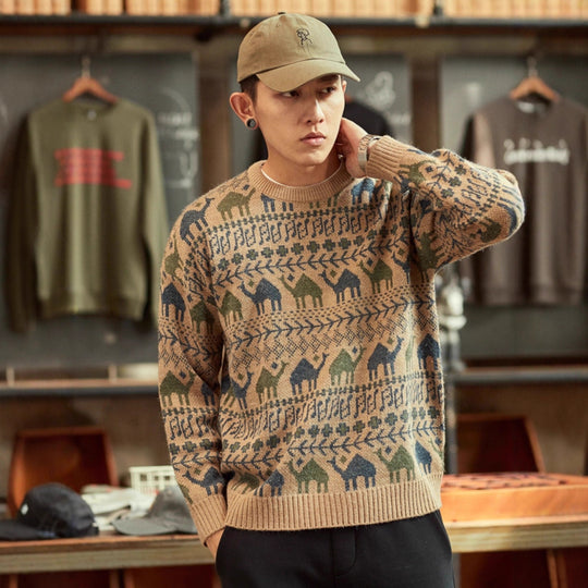Herren Strickpullover mit Kamel-Jacquardmuster und geripptem Saum Shop Nory