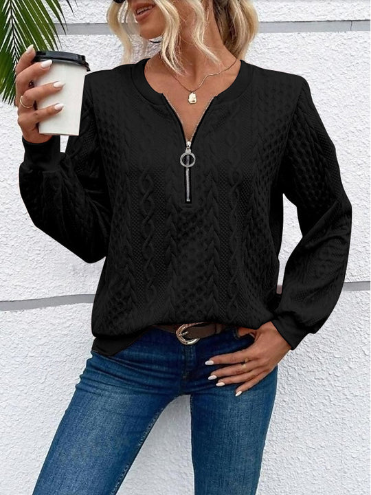 Damen grob strukturiertes Strickpullover mit Kabelmuster, halber Reißverschluss und Ballonärmel Shop Nory