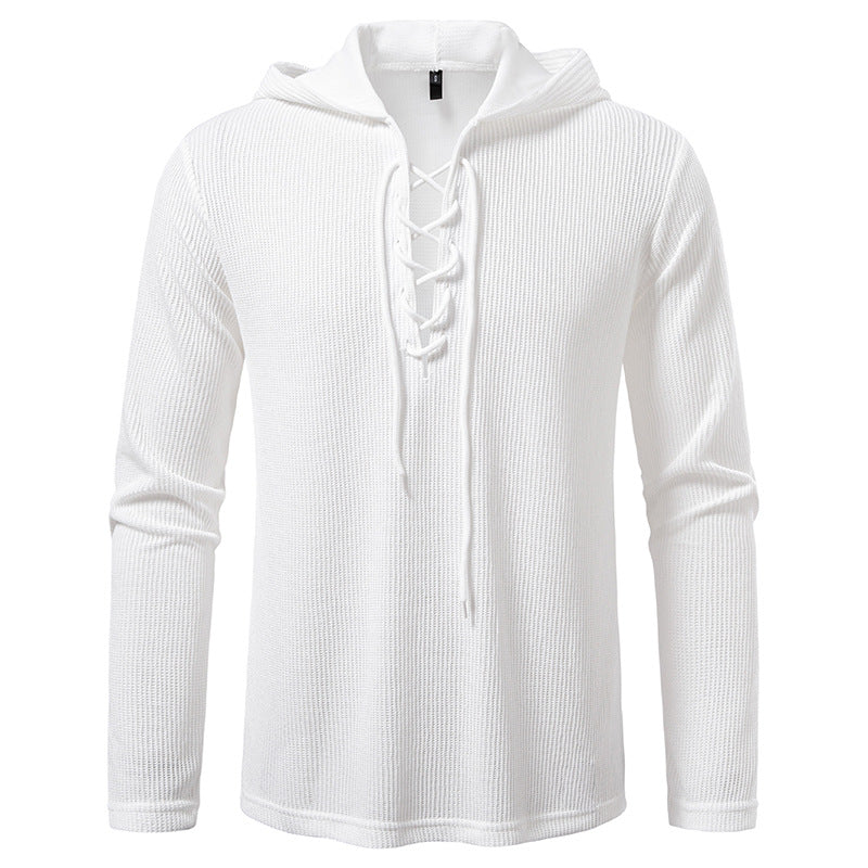 Herren Waffelstrick-Kapuzenpullover mit Schnürkragen und geradem Saum Shop Nory