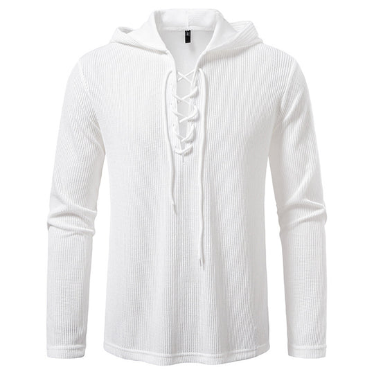Herren Waffelstrick-Kapuzenpullover mit Schnürkragen und geradem Saum Shop Nory
