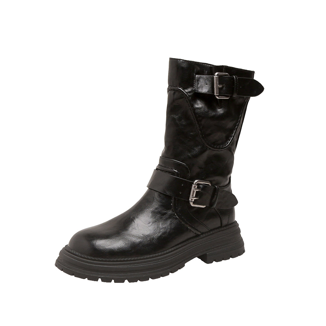 Damen Halbhohe Bikerstiefel aus Glattlederoptik mit verstellbaren Metallschnallen und profiliertem Lug‑Plateau Shop Nory
