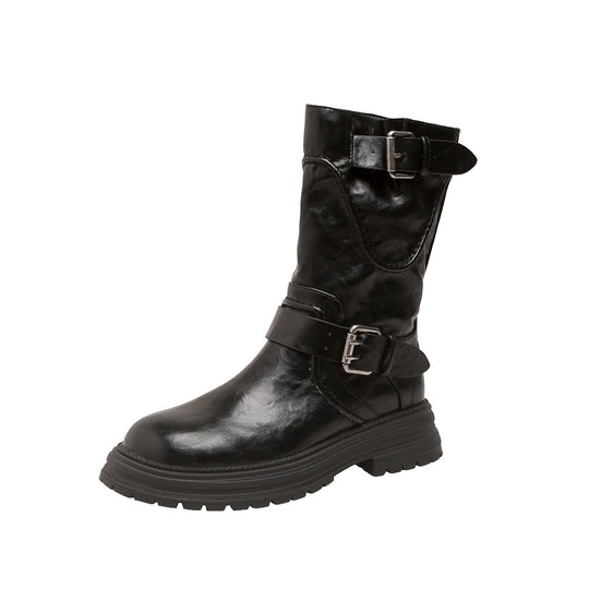 Damen Halbhohe Bikerstiefel aus Glattlederoptik mit verstellbaren Metallschnallen und profiliertem Lug‑Plateau Shop Nory