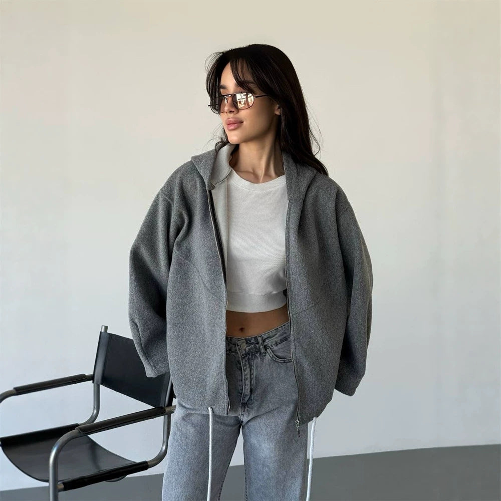 Damen Oversize Kapuzenjacke mit Reißverschluss und Tunnelzugsaum Shop Nory