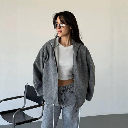 Damen Oversize Kapuzenjacke mit Reißverschluss und Tunnelzugsaum Shop Nory