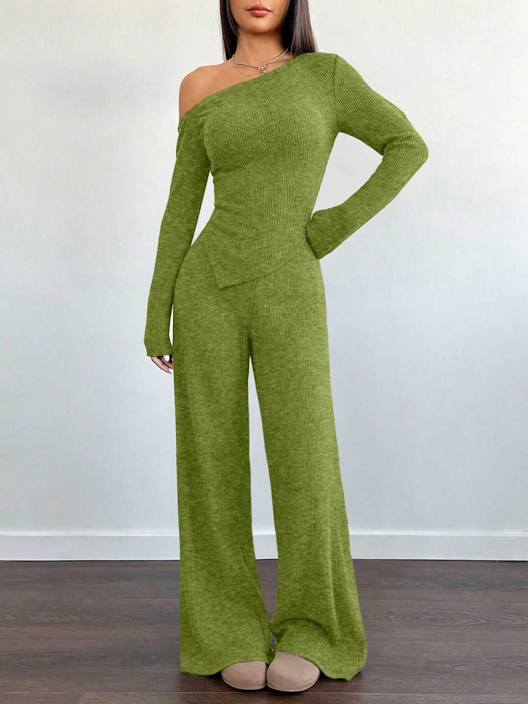 Damen Asymmetrisches Strick-Lounge-Set mit One-Shoulder-Oberteil und weitem Bein Shop Nory