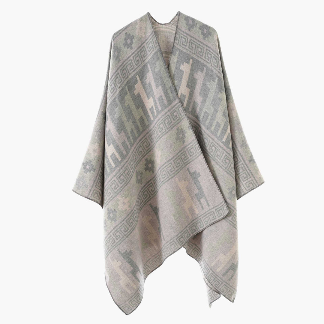 Damen Jacquard‑Strickponcho mit Ethno‑Tiermotiven und offenem Kimono‑Schnitt Shop Nory