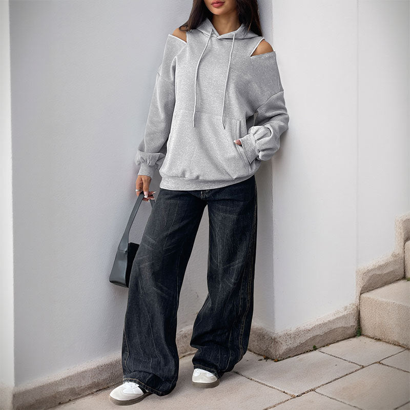 Damen Lässiger Kapuzenpullover mit Schulteröffnungen, Kängurutasche und gerippten Bündchen Shop Nory
