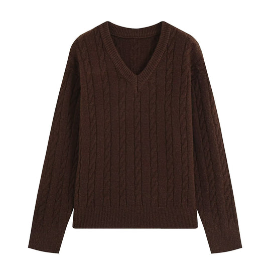Damen Oversize Zopfmuster-Pullover mit V-Ausschnitt und breitem Rippbündchen Shop Nory