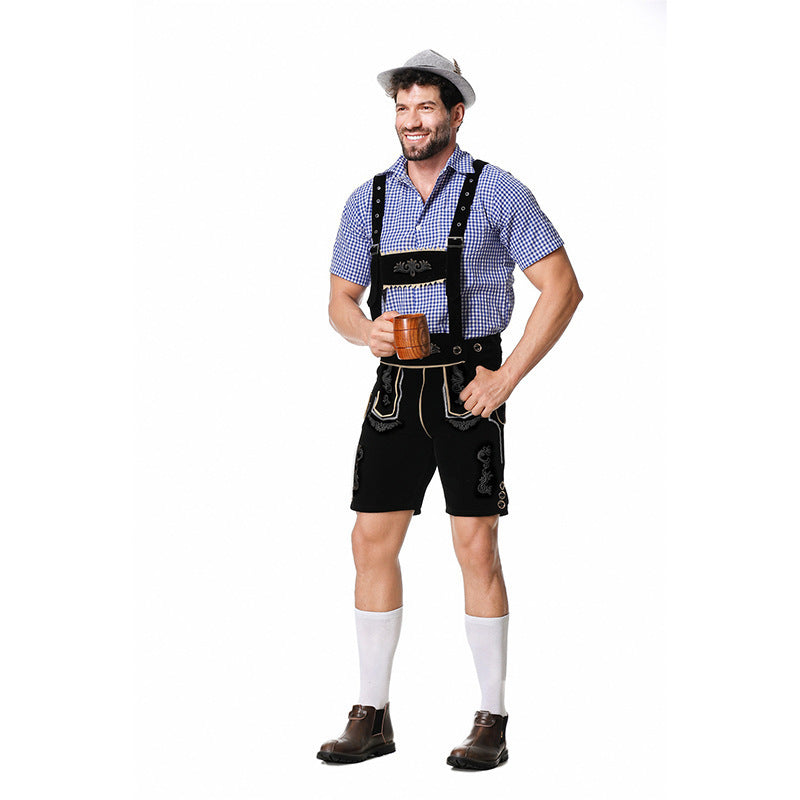 Herren nan traditionelle Trachtenlederhose mit bestickten Hosenträgern, kariertem Trachtenhemd und Filzhut Shop Nory