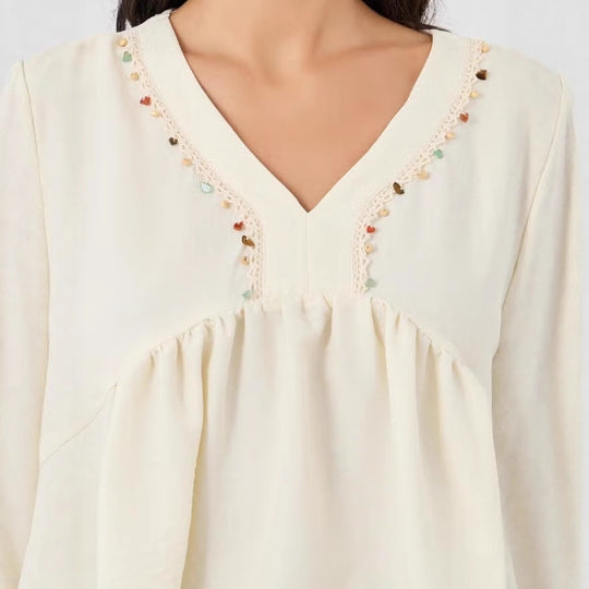 Damen Lockeres V‑Ausschnitt Blusentop mit Stickdetail und Empire‑Raffung Shop Nory
