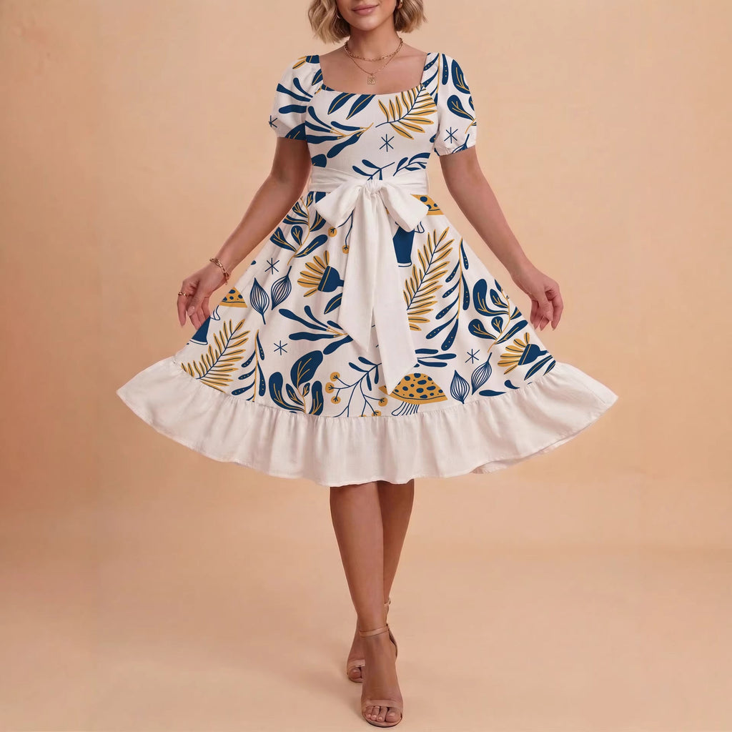 Damen Sommerliches Blumenkleid mit taillierbarem Gürtel und voluminösen Ärmeln