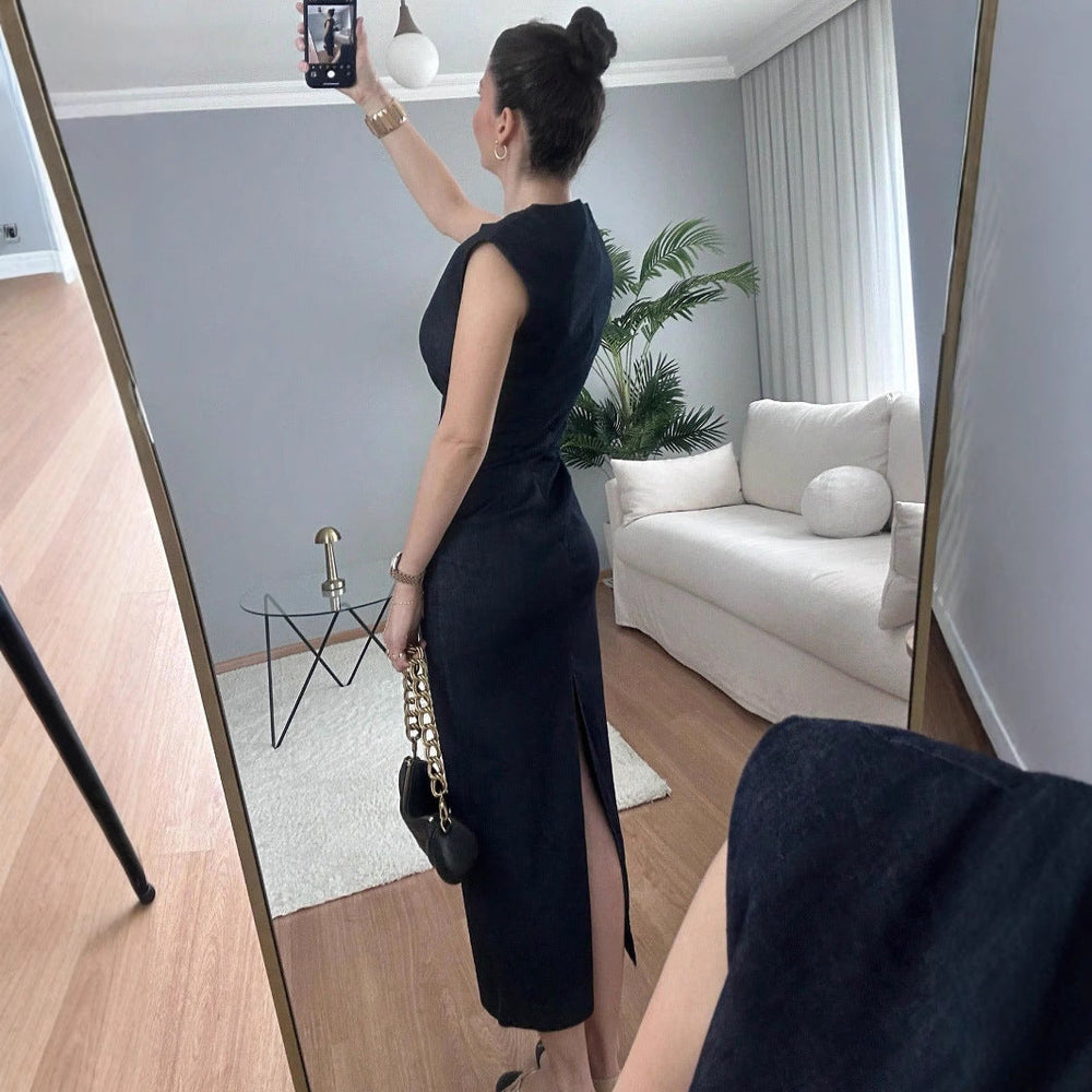 Damen elegantes Midikleid aus Denim mit Knopfdetail