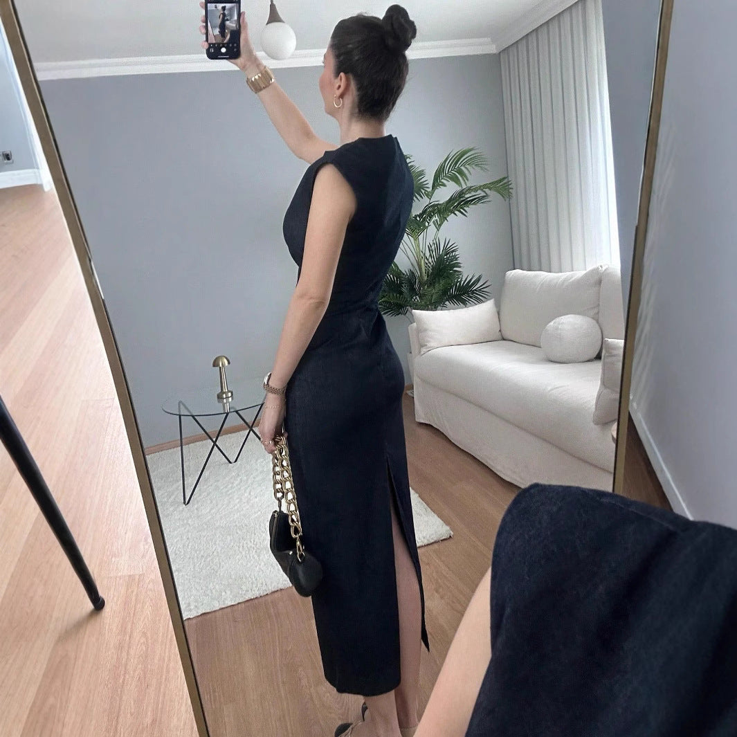 Damen elegantes Midikleid aus Denim mit Knopfdetail