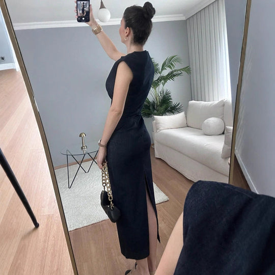 Damen elegantes Midikleid aus Denim mit Knopfdetail