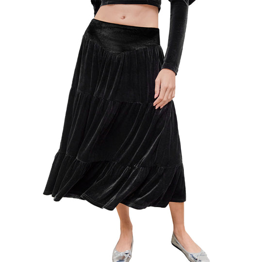 Damen Samtiges zweiteiliges Set mit gerafftem Bustier-Crop und stufigem Midirock Shop Nory