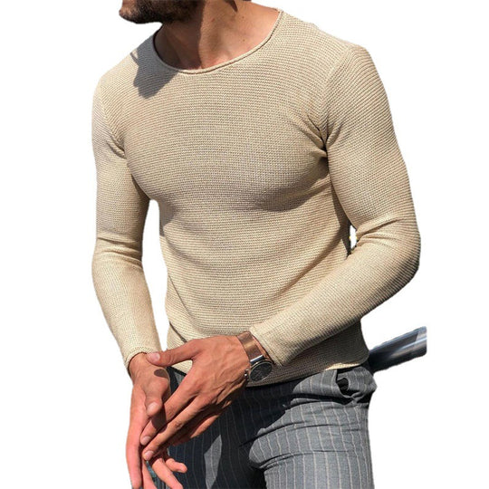 Herren Schmal geschnittener Strukturstrick-Langarmpullover mit Rundhalsausschnitt Shop Nory