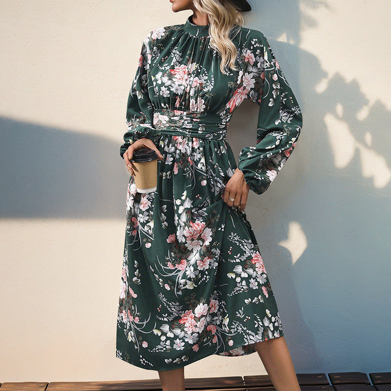 Damen Midikleid mit floralem Alloverprint, Stehkragen und Drapiertem Taillengürtel Shop Nory