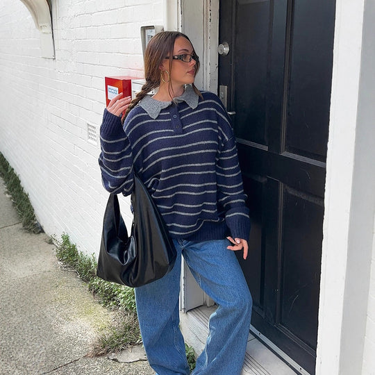 Damen Oversize Strickpullover mit Polokragen & Streifenmuster Shop Nory