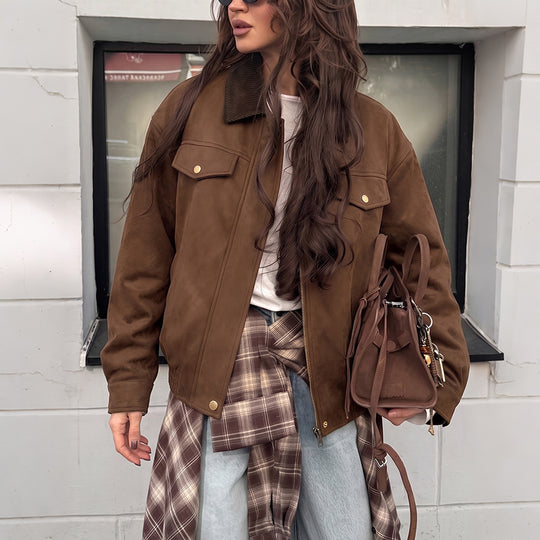 Damen Modische Velours-Lederjacke mit Cordkragen Shop Nory