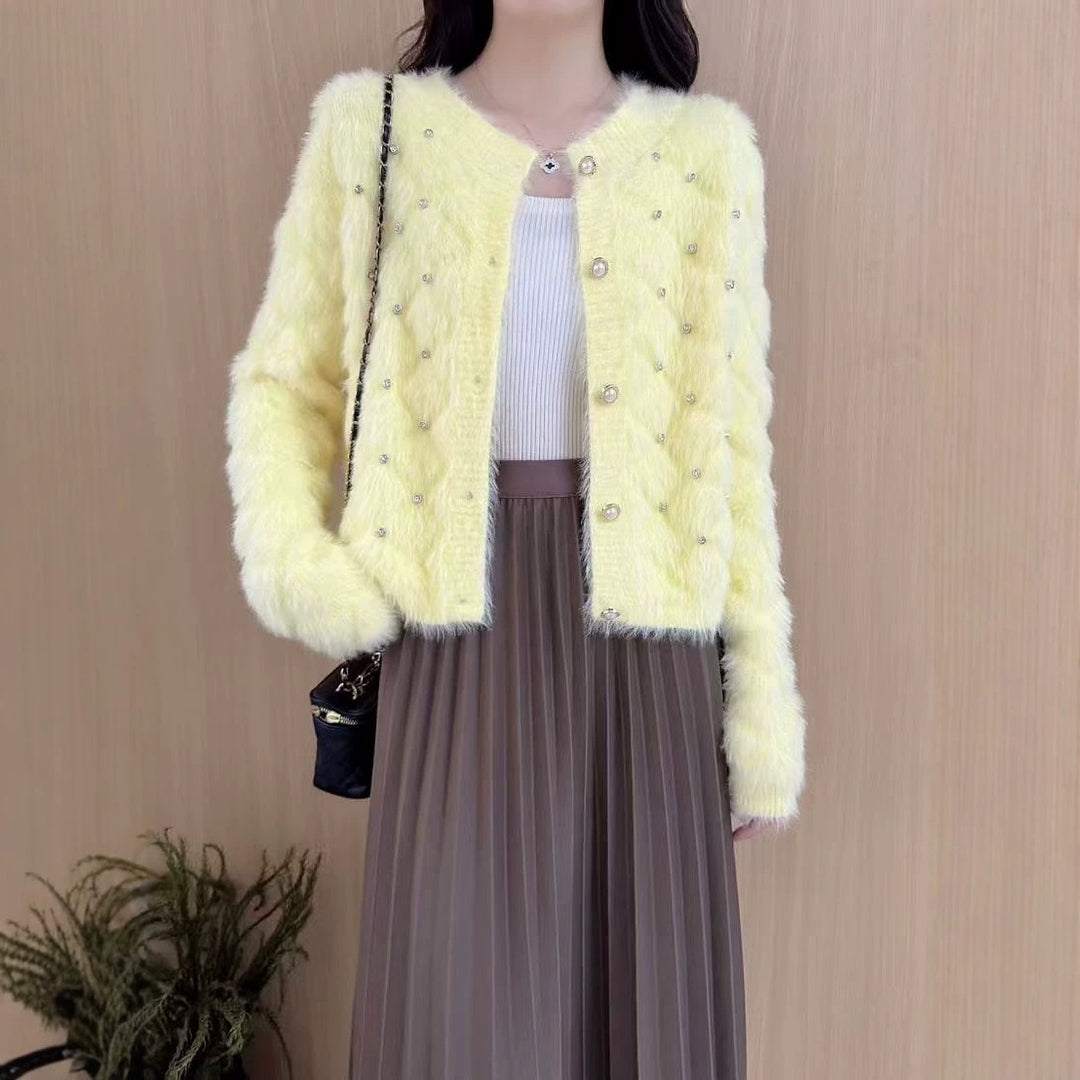 Damen Flauschiger Strickcardigan mit Perlen Shop Nory