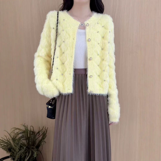 Damen Flauschiger Strickcardigan mit Perlen Shop Nory