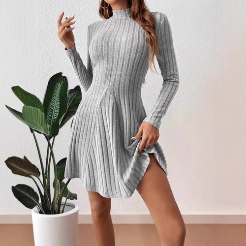 Damen Geripptes Strickkleid mit Stehkragen, taillierter A‑Linie und langen Ärmeln Shop Nory
