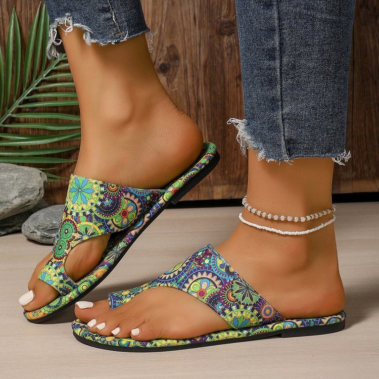 Damen Zehenstegsandalen mit buntem Blumenmuster und rutschfester Sohle Shopnory