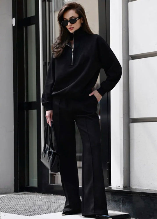 Damen Oversize-Halbreißverschluss-Sweatshirt mit weit geschnittener hochgeschnittener Palazzo-Hose Shop Nory