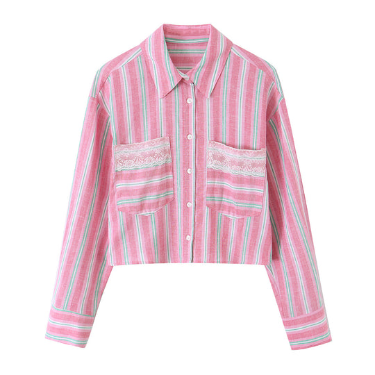 Damen Gekürzte gestreifte Hemdbluse mit Spitzenbesatz und Oversize-Ärmeln Shop Nory