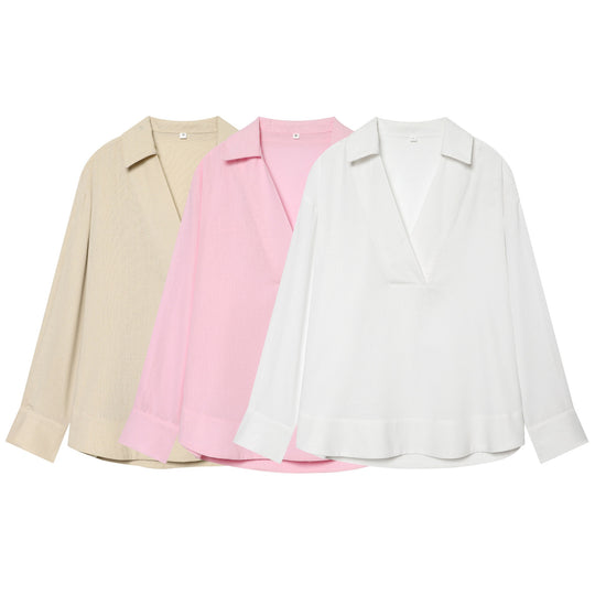 Damen Locker fallende Leinenoptik Bluse mit V‑Ausschnitt, Hemdkragen und Umschlagmanschetten Shop Nory