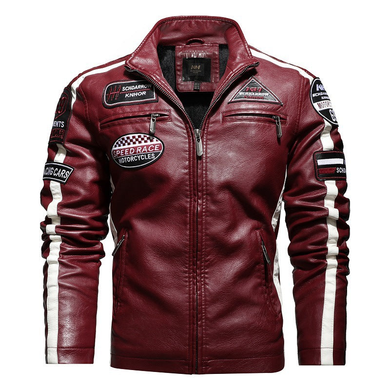 Herren Racing-Style Kunstlederjacke mit Aufnähern, Kontraststreifen und Stehkragen Shop Nory