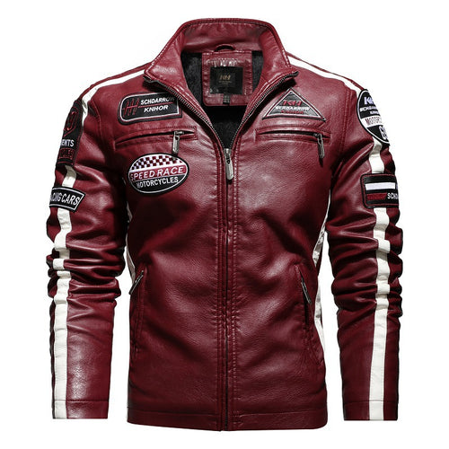 Herren Racing-Style Kunstlederjacke mit Aufnähern, Kontraststreifen und Stehkragen Shop Nory