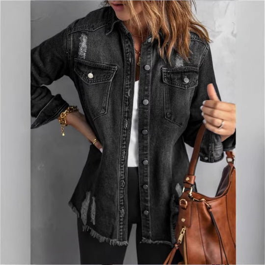Damen Oversize-Denim-Hemdjacke mit Distressed‑Details und fransigem Saum Shop Nory