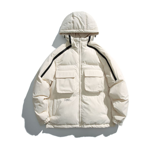 Unisex Kurz geschnittener Boxy-Puffer mit Kapuze, Kontraststreifen und großen Klappentaschen Shop Nory