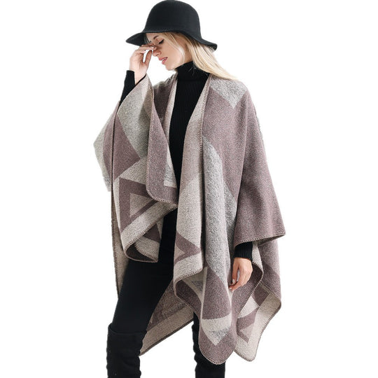 Damen Vielseitiger Wollmix-Überwurfponcho mit geometrischem Jacquard und offener Front Shop Nory